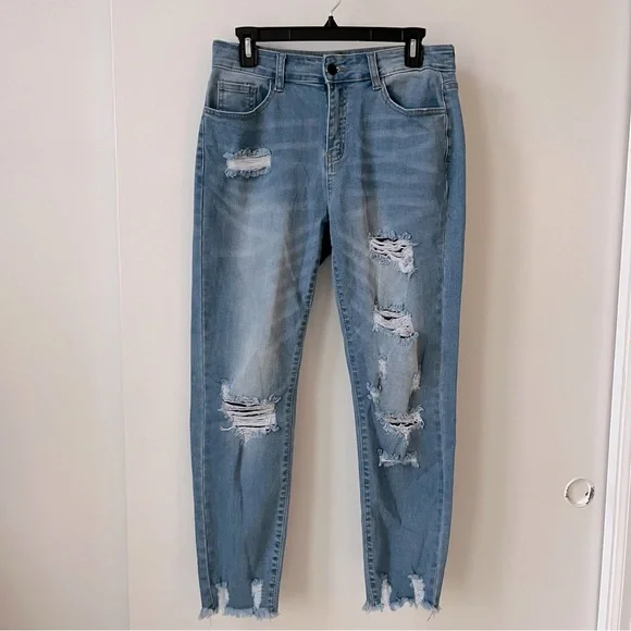 Raw Hem Medium Wash Distressed Ripped Hole Boyfriend Denim Jeans - Picture 3 of 12